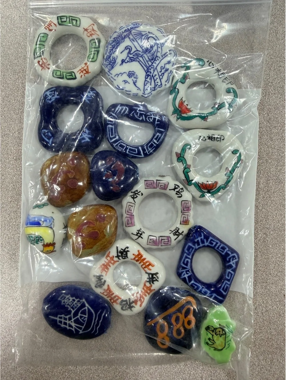 Vintage Set of Hand-Painted Ceramic Rings and Beads with Asian Motifs